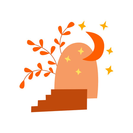 Abstract art arch and plant, stairs with steps, crescent and stars painting background. Modern trendy art. Colorful vector illustration hand drawn isolatedのイラスト素材