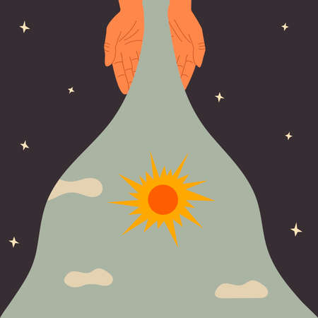 Human hands spill the day. Bright sun and blue clouds. Day and night. Night sky and stars. Modern trendy art. Colorful boho vector illustration hand drawnのイラスト素材