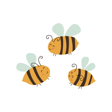 Cute happy honey bees smiles in flight. Vector colorful isolated hand drawn illustrationのイラスト素材