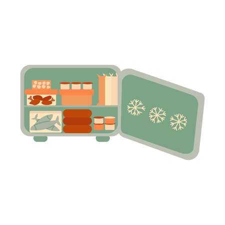 Open freezer with food on the shelves. Colorful vector isolated illustration hand drawn. Refrigerator. Storing frozen food and drinksのイラスト素材