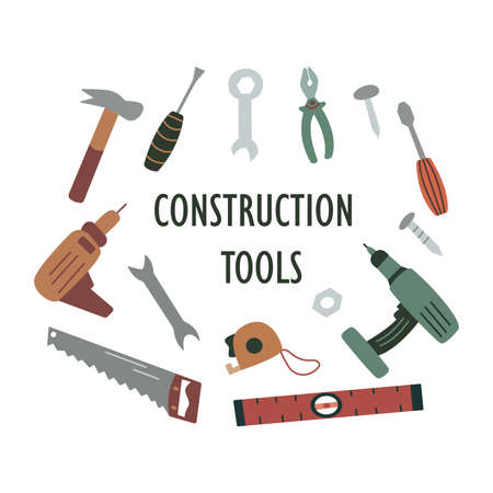 Construction tools. Building tools. Set of tools for work and repair. Colorful vector illustration...