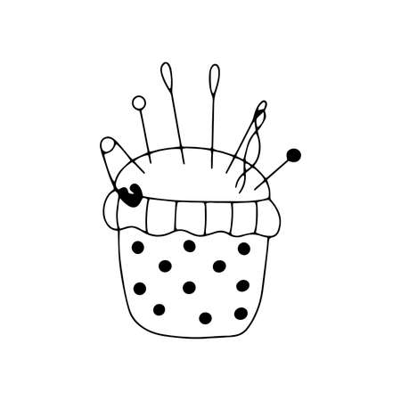 Needle pillow. Black and white vector illustration in doodle style isolated single. Sewing tool soft. Needlework hobbyのイラスト素材
