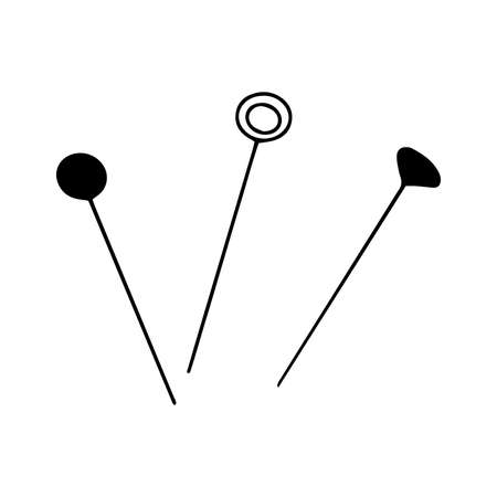 Set of pins. Black and white vector illustration in doodle style isolated single. Sewing element toolのイラスト素材