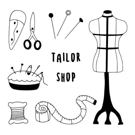 Set of items for sewing clothes. Mannequin and centimeter, scissors and bobbin, pillow for needles, pins and threads. Black and white vector illustration doodle isolated. Tailor shop collectionのイラスト素材