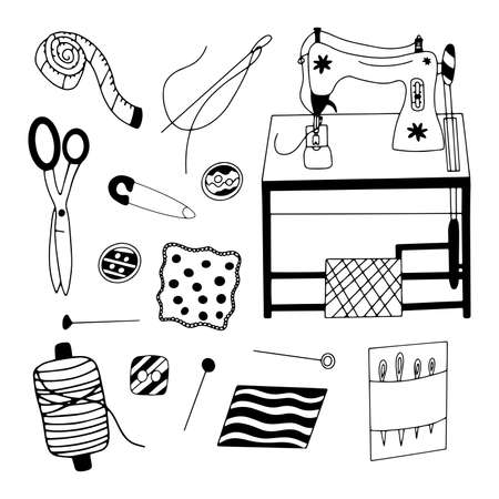 Set of elements for needlework and sewing. Needle and thread, scissors and thimble, sewing machine and fabric, ripper. Black and white vector illustration doodle isolatedのイラスト素材