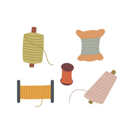 Set of spools of thread for sewing. Colorful vector illustration in hand drawn style isolated. Sewing tools, reel bobbinのイラスト素材