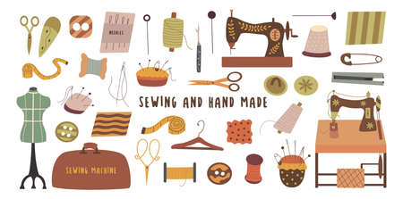 Set of elements for hand made and sewing. Needle and thread, scissors and thimble, sewing machine and fabric, ripper and zipper, centimeter and button. Colorful vector illustration hand drawn isolatedのイラスト素材