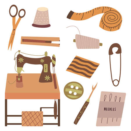 Set of elements for needlework and sewing. Needle and thread, scissors and thimble, sewing machine and fabric, ripper and zipper, centimeter and button. Colorful vector illustration hand drawn isolatedのイラスト素材