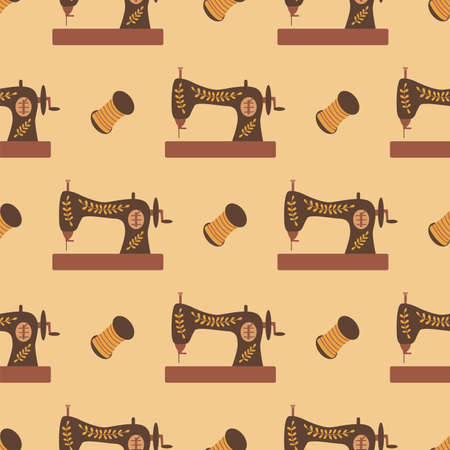 Seamless pattern sewing machine and thread. Colorful vector illustration hand drawn. Sewing. Wrapping or background vintageのイラスト素材