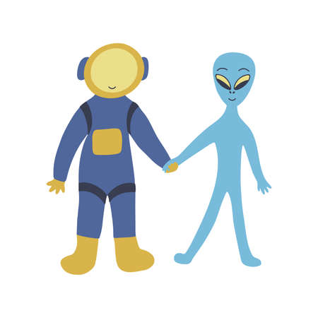 Astronaut and alien are holding hands and smiling. Friendship of civilizations. Colorful vector illustration hand drawn isolatedのイラスト素材