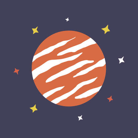 Planet and stars in outer space. Colorful hand drawn vector illustration. Jupiter red with stars printのイラスト素材