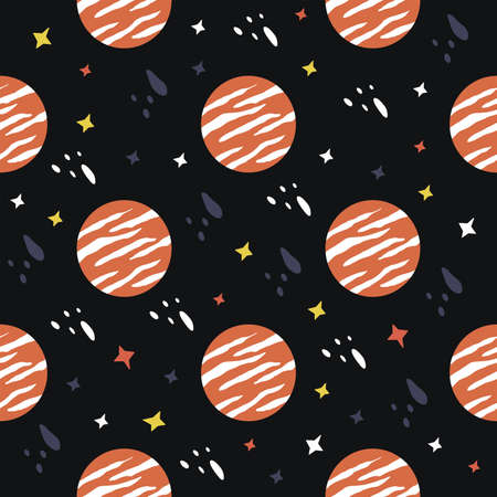 Seamless pattern with planets and stars. Outer space. Black background. Colorful vector illustration...