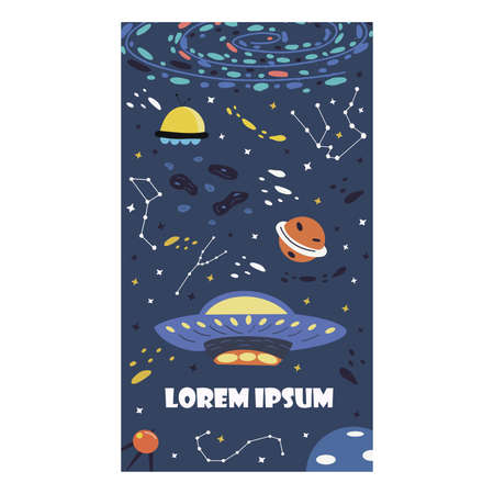 Space background for social media stories. Blue banner with elements of the universe. Planets and constellation, stars and the milky way, flying saucer, telescope and ufo. Colorful vector illustration hand drawnのイラスト素材