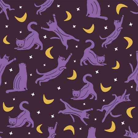 Seamless pattern with cats in different poses, in the night sky, with stars and crescent. Vector colorful illustration hand drawn. Magic printのイラスト素材