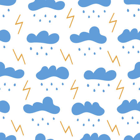 Seamless pattern with clouds with rain and lightning. Storm. On white background. Vector colorful illustration hand drawnのイラスト素材