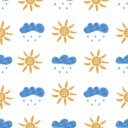 Seamless pattern with clouds with rain and sun. On white background. Vector colorful illustration hand drawnのイラスト素材