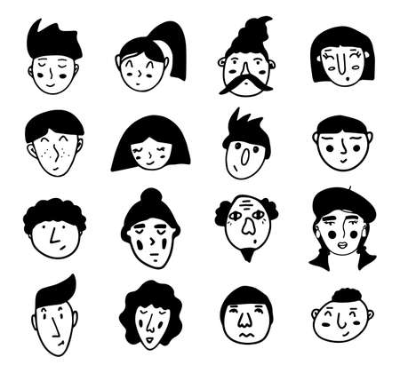Set of doodle people faces. Black and white vector isolated illustration . Serious, surprised, gloomy, happy man and woman. Collectionのイラスト素材