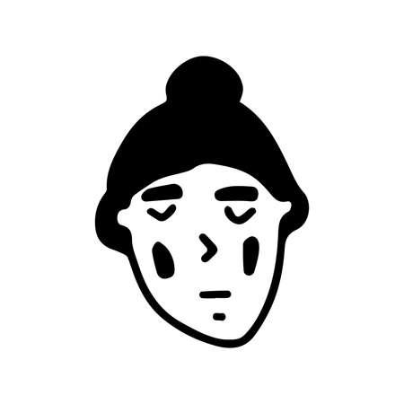 Doodle woman face. Black and white vector isolated illustration single . Adult woman with a bun on her head, a pensioner, a grandmother. Gloomy old womanのイラスト素材