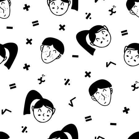 Seamless pattern with faces of boys and girls schoolchildren. Signs of addition, subtraction, multiplication and division, sign of the root of the number and the degree. Black and white print, back to school, study. Vector illustration, cover, wrap or fabricのイラスト素材