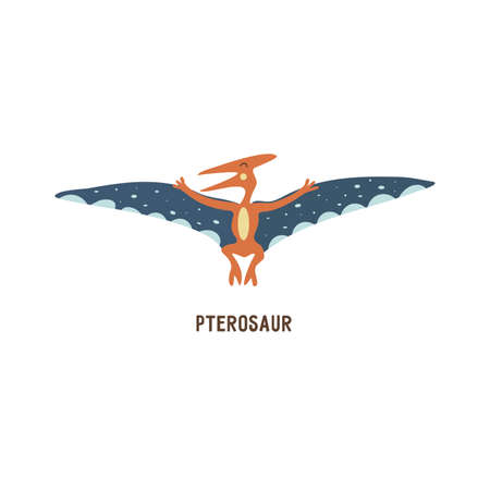 Pterosaur. Flying archosaurus pterodactyl, extinct ancient winged lizard, Jurassic period. Mesozoic era. Colorful vector isolated illustration hand drawn. White backgroundのイラスト素材