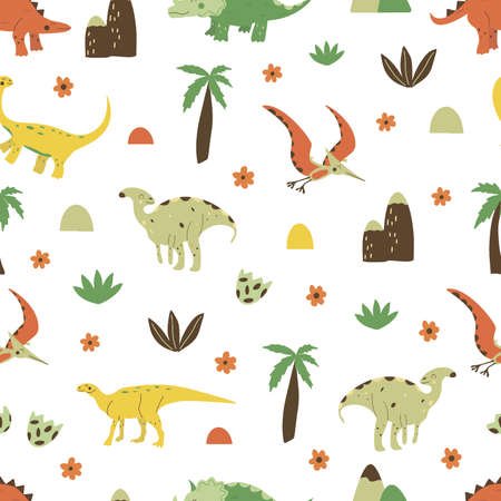 Seamless pattern Dinosaurs parasaurolophus and gallimimus, pterosaur and triceratops, stegosaurus and hadrosaurus. Omnivorous animal, extinct ancient reptile, Jurassic period. Colorful vector illustration hand drawn. White background. Wrapping cute dino, palm treeのイラスト素材