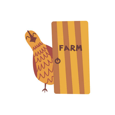 Cheerful chicken looks out from behind the door with the inscription a farm. Household farming. Poultry. Colorful vector hand drawn isolated illustrationのイラスト素材