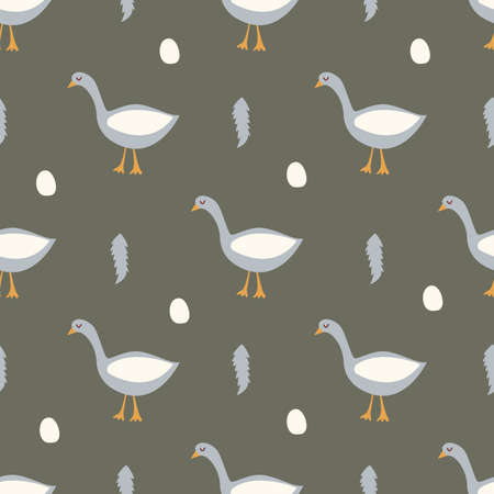 Seamless pattern cute goose, eggs and feathers. Household bird, farming. Poultry. Vector hand drawn colorful wrapping or textile. Farm animalのイラスト素材