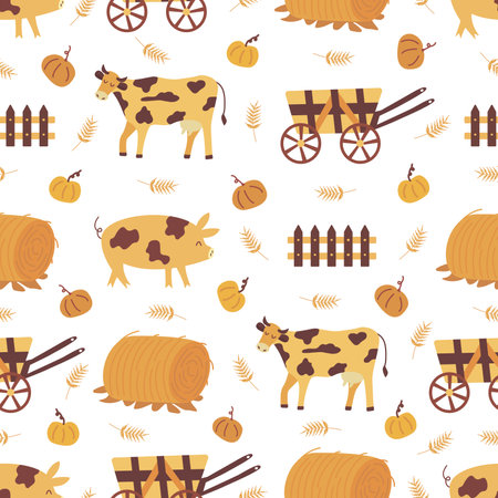 Seamless pattern farm animals, pumpkin and fence, haystack and cart. Colorful vector illustration hand drawn. Harvest season. Wrapping or textile printのイラスト素材