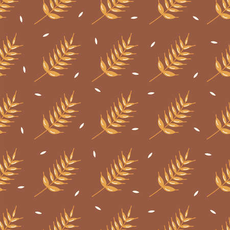 Seamless pattern golden sprig of wheat, barley or rye. Ripe cereal. Harvesting and processing. Colorful vector illustration hand drawn. Farm agriculture. Golden branch. Wrapping or textile printのイラスト素材