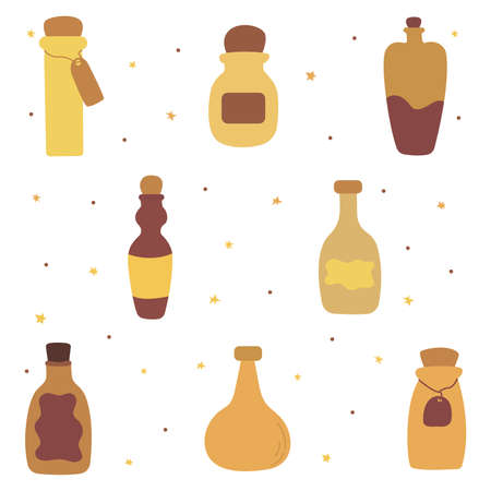 Set of vintage bottles, jar for drinks, wine, potions. Colorful vector isolated illustration hand drawn icon collection. Love potion, elixir, cosmetic containerのイラスト素材