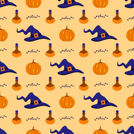 Seamless pattern with curve witch hats, pumpkins, potion and autumn branches. Halloween vector cartoon illustration. Wrapping, print for fabric or card, witchcraft. Party costume elementsのイラスト素材