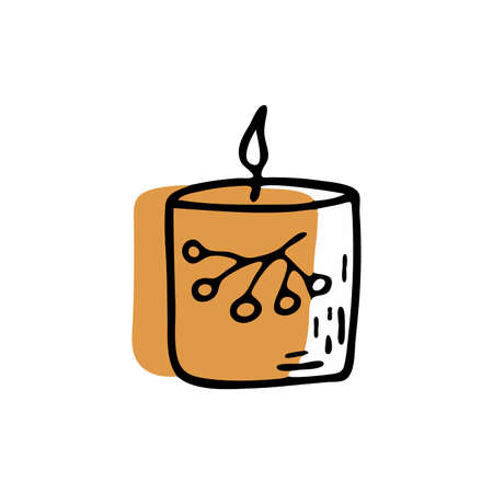 Candle in a candlestick with a rowan branch burns, brown color shape behind. Doodle vector illustration. Outline icon. Autumn or winter moodのイラスト素材