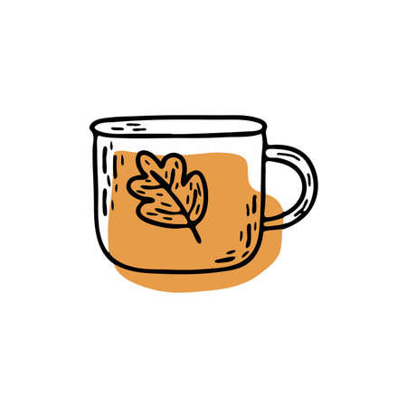 Cute line cup of tea or coffee with leaf. Brown shape behind. Doodle vector isolated illustration on white backgroundのイラスト素材