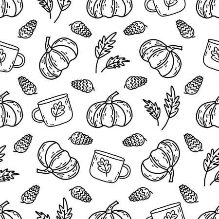 Seamless autumn pattern. Cup of tea or coffee, pine cone and leaves, pumpkin. Doodle black and white vector illustration. Wrapping or print for fabric, paper, coverのイラスト素材