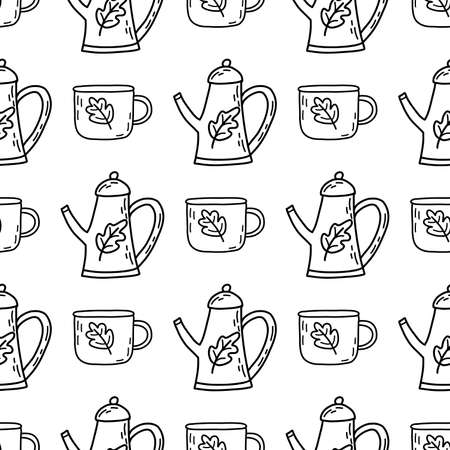 Seamless pattern with cute teapot with oak leaf and cup of tea or coffee. Doodle vector illustration on white background. Autumn mood. Print for fabric, paper or wrapping, card or coverのイラスト素材