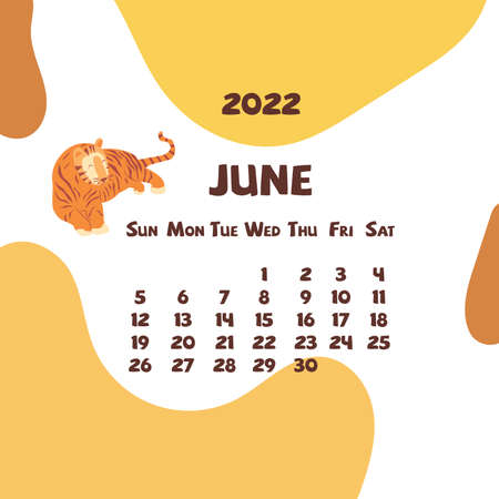 2022 june calendar with abstract shapes and tiger. Colorful modern calendar with trending colors, monthly planner. Vector hand drawn illustration. Modern simple design. Summer monthのイラスト素材