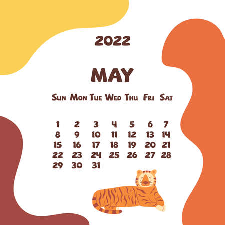 2022 may calendar with abstract shapes and tiger. Colorful modern calendar with trending colors, monthly planner. Vector hand drawn illustration. Modern simple design. Spring monthのイラスト素材