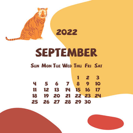 2022 september calendar with abstract shapes and tiger. Colorful modern calendar with trending colors, monthly planner. Vector hand drawn illustration. Modern simple design. Autumn monthのイラスト素材