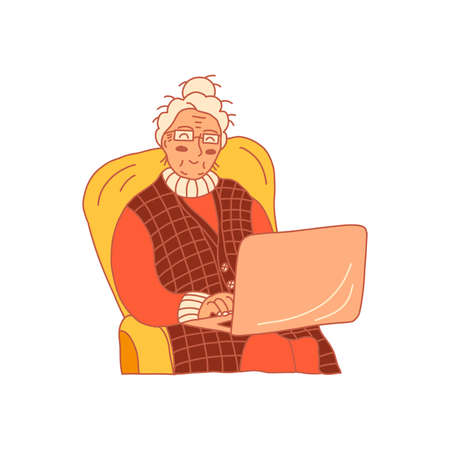 Happy grandma sits in a chair wearing glasses with a laptop. Colorful vector hand drawn isolated illustration. Grandmother smiles and communicates via the Internetのイラスト素材