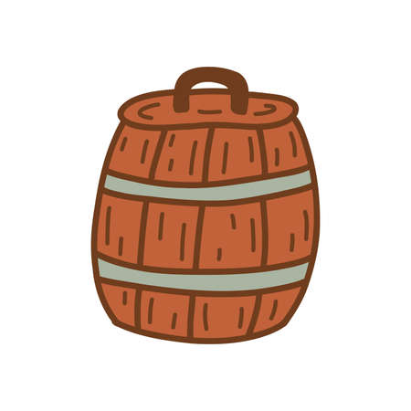 Wooden barrel with lid, tub. Container for storing drinks. Colorful vector isolated illustration hand drawn singleのイラスト素材
