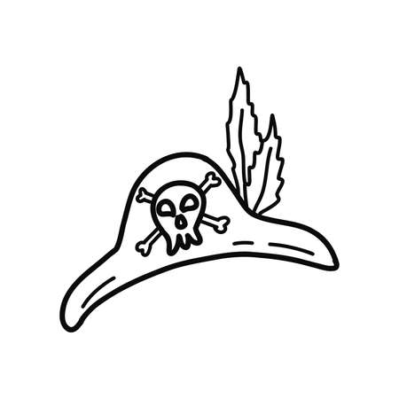 Pirate hat with skull and feathers. Black and white vector isolated illustration hand drawn doodle outfit elementのイラスト素材