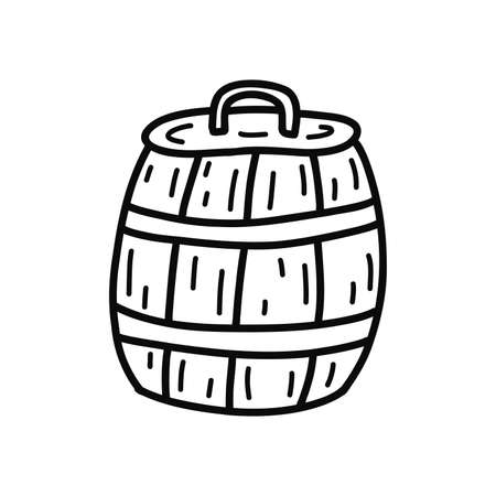 Wooden barrel with lid, tub. Container for storing drinks. Black and white vector isolated illustration hand drawn single doodleのイラスト素材