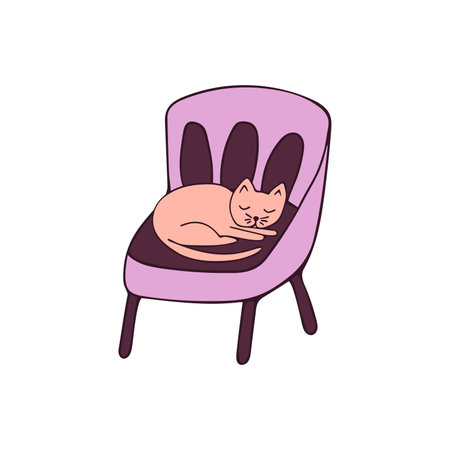 Cute cat lies curled up on an armchair and sleeps. Colorful hand drawn isolated illustration vector. Cozy homeのイラスト素材