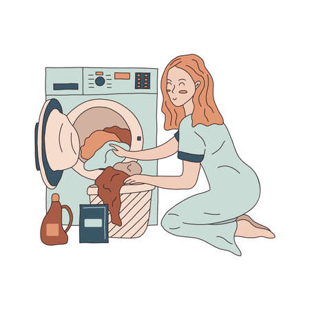 Happy woman is putting laundry in the washing machine. Laundry room. Washing powder and softener are next to the laundry basket. Colorful vector isolated illustration hand drawnのイラスト素材