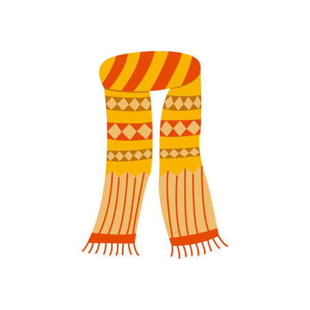 Warm and cozy scarf with tassels in boho style. Cold weather accessory. Hand drawn vector isolated illustration. Single clipart bohemian trendy. Ethnic printのイラスト素材