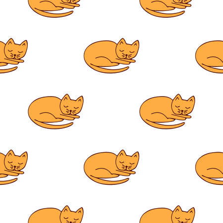 Seamless pattern cute ginger sleeping cat. Colorful vector illustration on white background. Affectionate fluffy purring pet. Hand drawn print or card, wrapping or fabricのイラスト素材