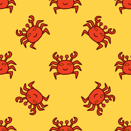 Seamless pattern Cute happy crab. Colorful vector illustration hand drawn on a yellow background print or card. Wrapping or fabric, paper or textileのイラスト素材