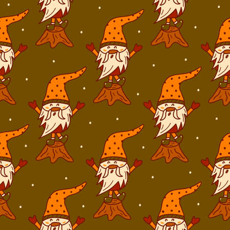 Seamless pattern Cute little Christmas gnome stands on a tree stump and sings a song. Snowing....