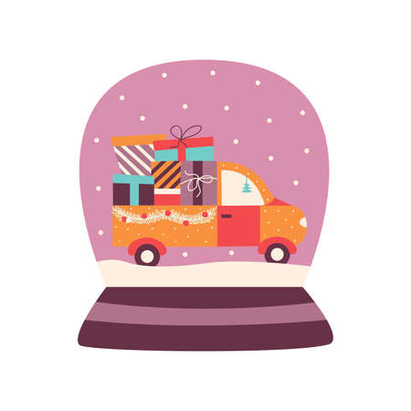 Glass ball with festive truck with gifts for Christmas and New Year. Snowing. Delivery of gifts. Holiday car. Colorful vector illustration hand drawn isolatedのイラスト素材