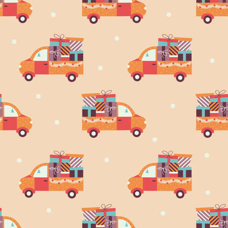 Seamless pattern Festive truck with gifts for Christmas and New Year. Snowing. Delivery of gifts. Holiday car print. Colorful vector illustration hand drawn. Wrapping, textile, fabric or paperのイラスト素材